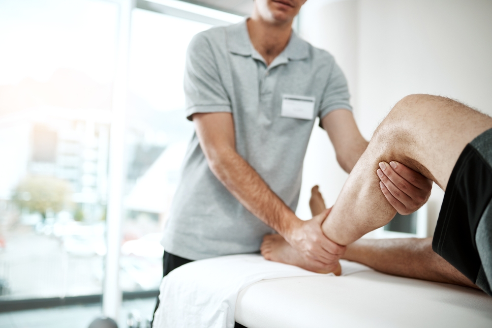 Calf,,Man,Or,Physiotherapist,With,Leg,Rehabilitation,In,Office,For